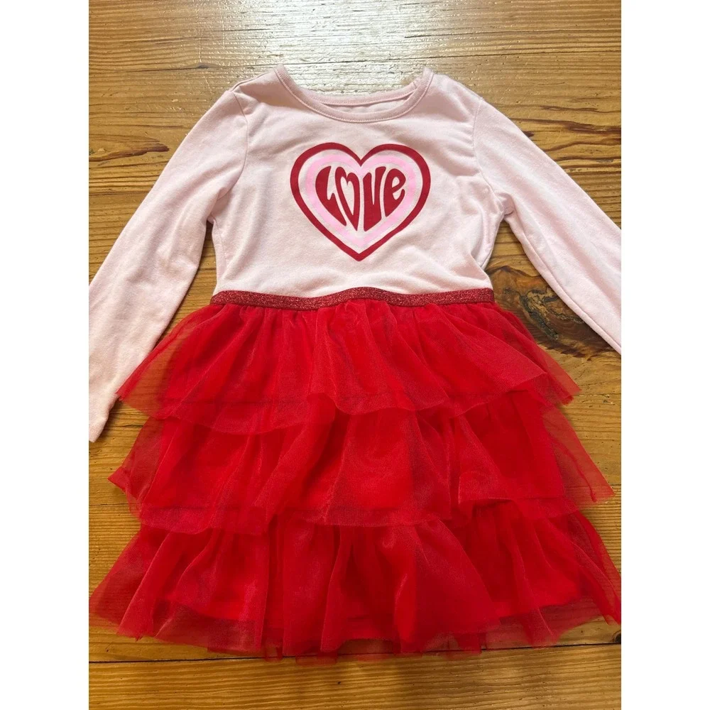 Wonder Nation Tutu Dress Kids Pink Red Heart Tulle Tiered Valentine SIZE 4T